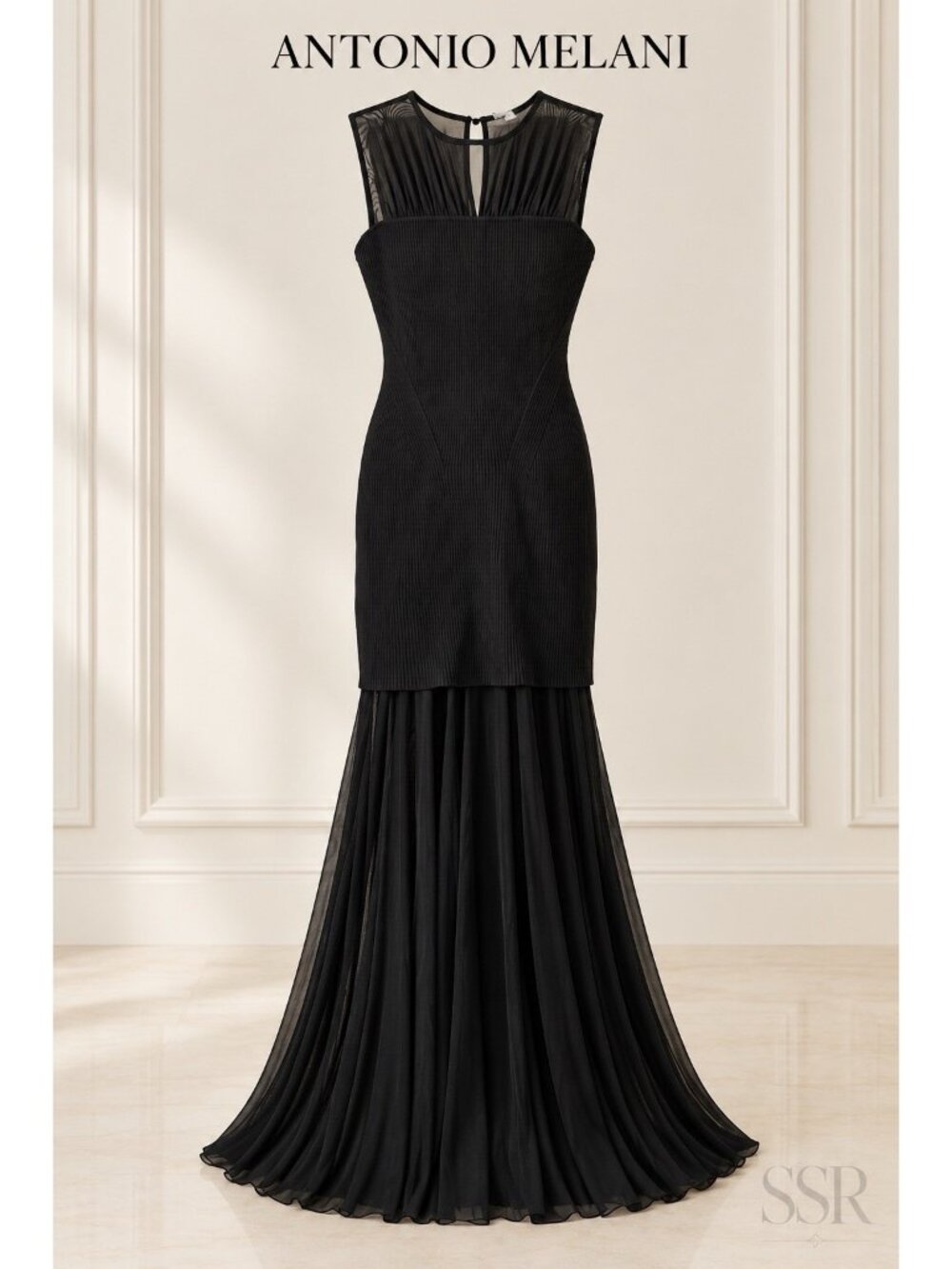 Antonio Melani XL Black Ribbed Knit Mesh Pleated Mermaid Maxi Dress Evening Gown